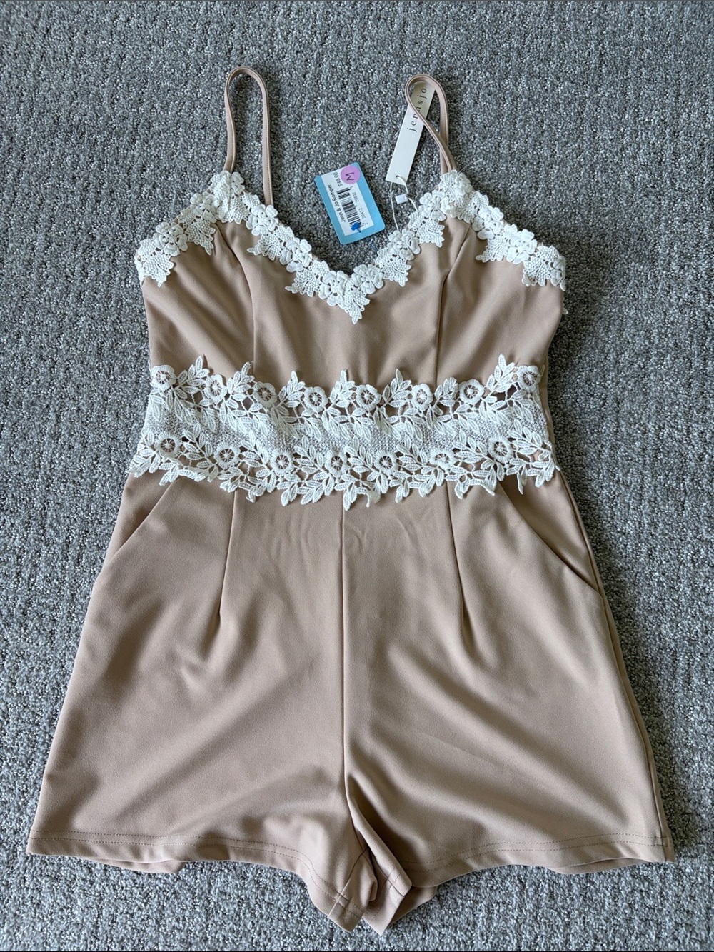 Floral Lace-Trim Cami Romper in Taupe